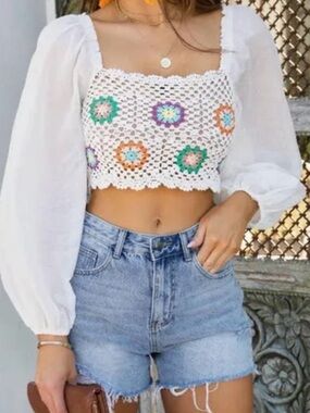 Aerie Vacay Crochet Granny Square Floral Puff Sleeve Crop Top Size Medium